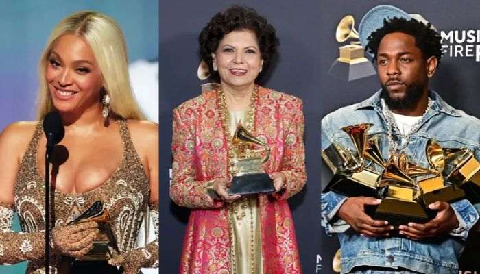 For which songs did Chandrika Tandon and Beyonce receive the Grammy Award